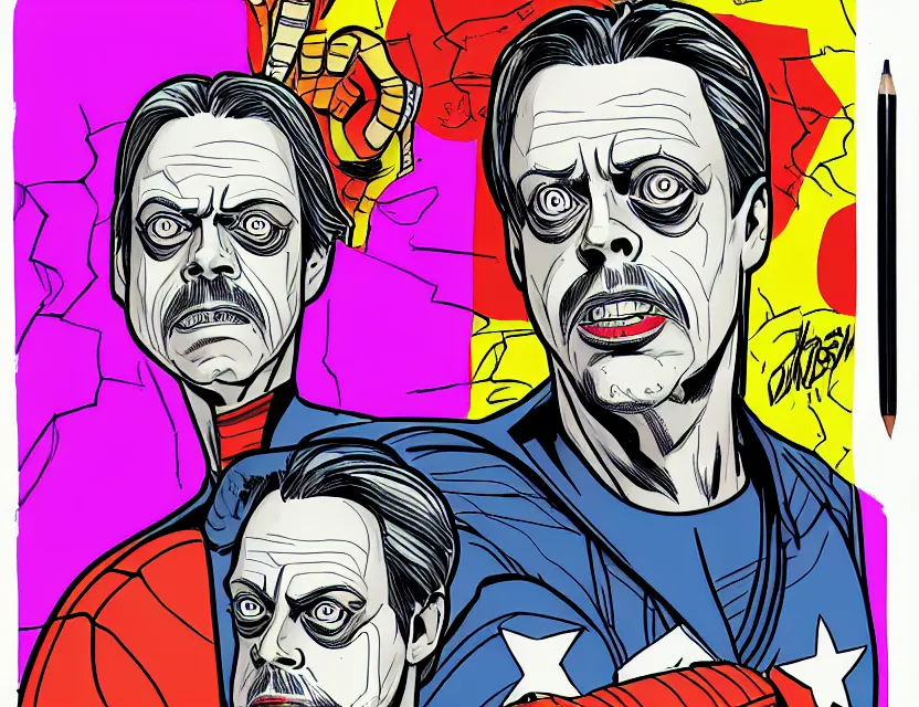 Prompt: steve buscemi as a new marvel superheroe. sketchbook, character style sheet, turn page, procreate, comic book drawing, bold lines, ink, bright colors, jack kirby