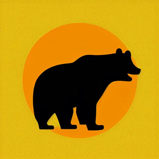 Image similar to very very very stylized minimal vector graphic of a bear, hills and sunset!!, yellow background, all enclosed in a circle, dramatic, professional minimal graphic design cartoon