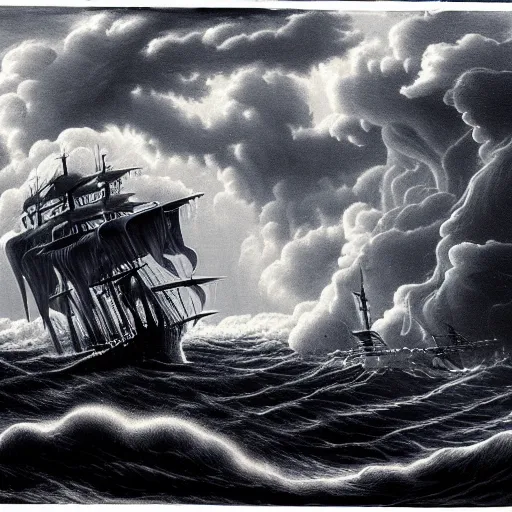 Image similar to a highly detailed scene of a ship being attacked by giant squid tentacles, dark, voluminous clouds, thunder, stormy seas, pirate ship, dark, high contrast