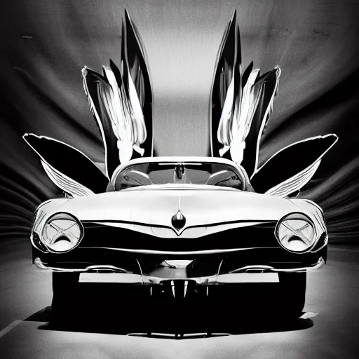 Image similar to an oldie car with wings and turbine, cyber punk, black-white retro photo