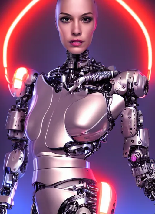 Prompt: photorealistic detailed full body picture of a female cyborg, pretty face with arms and legs, glamour pose, sexy robot, neon lights, humanoid, extreme, uhdr, book called the most influental cyborg in 2 0 5 0, fine details, highly detailed, intricate, smooth sharp focus, symmetrical features, environmental portrait, realistic render