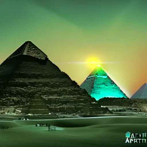 Image similar to a green beam coming out of thethe tip of the great pyramid of giza, sphynx and other pyramids in the background, illustration, digital art, trending on artstation, no signature