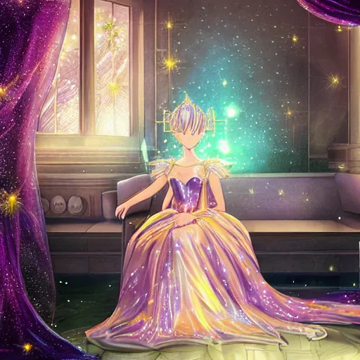 Prompt: young woman with delicate crown in holographic princess dress sitting lazily on a glimmering throne in shimmering thrown room. anime, manga, hyper realism, 3 d shading, futuristic, stars twinkling, planets -