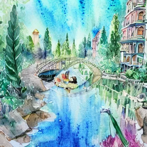Image similar to Beautiful happy picturesque charming sci-fi town in harmony with nature. Beautiful light. Water and plants. Nice colour scheme, soft warm colour. Beautiful detailed artistic watercolor by Olivia. (2022)