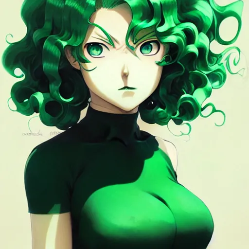 Image similar to tatsumaki from one punch man, green wavy hair, black dress, fine details, sharp focus, intricate, realistic shaded perfect face, by cushart krenz makoto shinkai artgerm ilya kuvshinov rossdraws