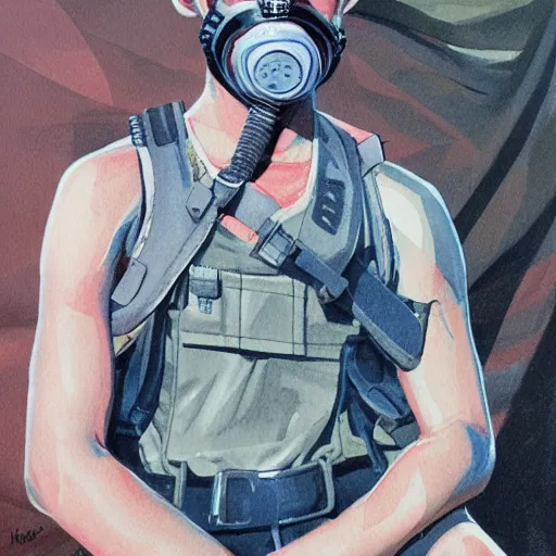 Image similar to detailed details art concept a 1 5 year old teenager, wears a singlet shirt, shorts and fanny packs and sometimes wears a gas mask, handling ak 4 8 in the style of bob peak and alex ross, gouache and wash paints color, detailed details facial and body and human and environments and proportionate, detailed 5 k details.