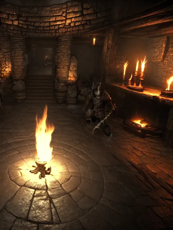 Image similar to delicious torch lit dungeon unreal engine hyperreallistic render 8k character concept art masterpiece screenshot from the video game the Elder Scrolls V: Skyrim