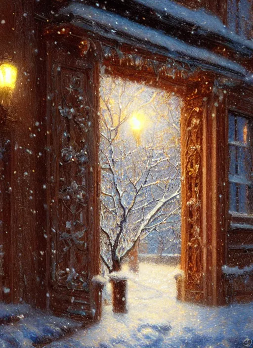 Image similar to new york apartment building in winter, close up of wreath on door, snow, artwork by gaston bussiere, craig mullins, trending on artstation