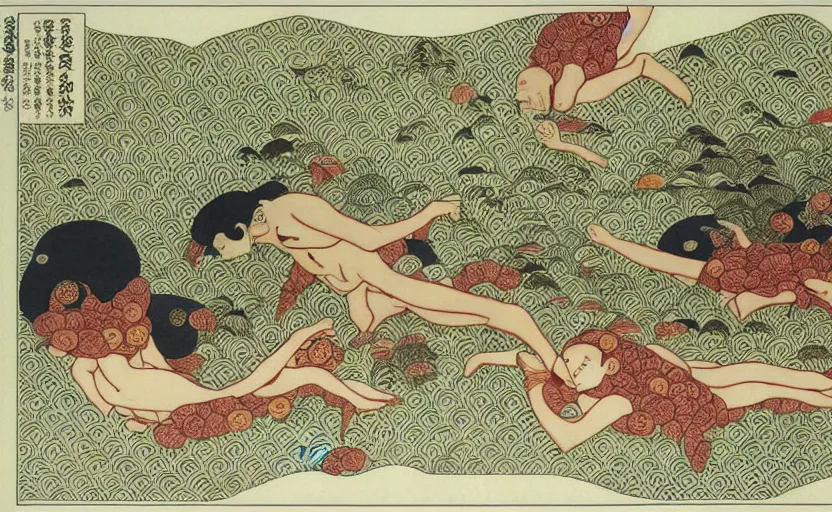 Image similar to business dashboard with time series charts, pie plots and other modern graphics, with small creatures swimming on it. diego rivera ( takato yamamoto influence ). ravi supa.