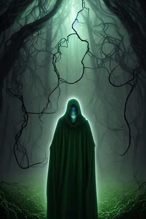 Image similar to A full body portrait of a ghost like character with no face, glowing eyes and a very long hooded dark green cloak of leaves and vines, forest spirits flying in the background art by Shaddy Safadi and Jason Chan, ominous, cosmic horror, trending on artstation, Ultra detailed, hyper realistic 4k