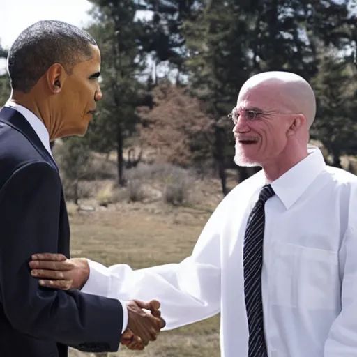 Image similar to press photo of Obama shaking hands with Walter White from Breaking Bad