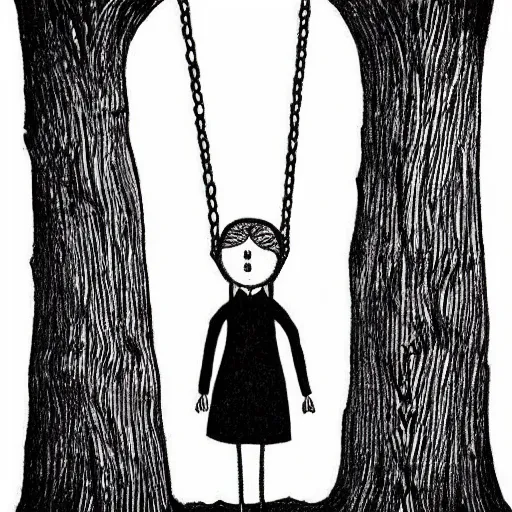 Prompt: “slenderman standing by a girl on a swing set, style of Edward Gorey”