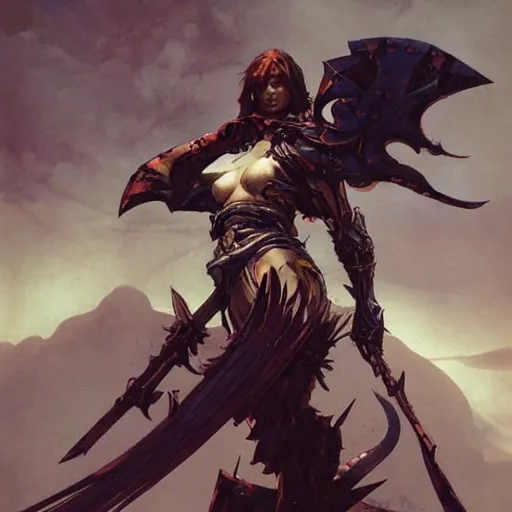 Image similar to warrior by peter andrew jones and akihiko yoshida, rule of thirds, seductive look, beautiful
