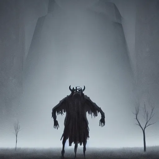 Prompt: ominous and dreadful digital painting of a terrifying demon standing in front of a monumental white monolith in the style of simon stalenhag. overcast, misty. extreme long shot. hd, sci - fi.