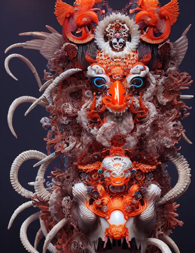 Image similar to 3 d goddess of hell close - up profile portrait with ram skull. beautiful intricately detailed japanese crow kitsune mask and clasical japanese kimono. betta fish, jellyfish phoenix, bio luminescent, plasma, ice, water, wind, creature, artwork by tooth wu and wlop and beeple and greg rutkowski