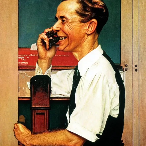 Image similar to Norman Rockwell painting of a talking on the phone, smiling