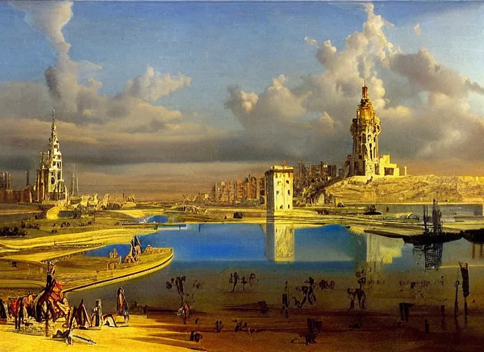 Prompt: A city designed by Salvador Dali, painted by Albert Bierstadt and Ivan Shishkin and Henri Mauperché