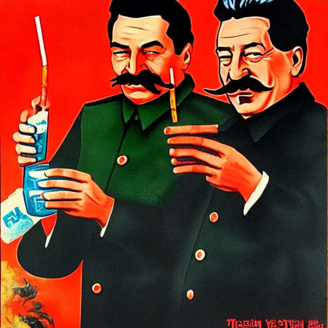 Image similar to stalin and yeltsin in hell drink vodka and smoke cigarettes, scary art in color