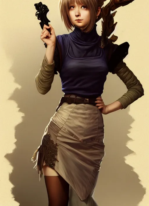 Image similar to portrait of a full body of beautiful young female detective, d & d, sleeveless turtleneck, pleated skirt, fantasy, flat lighting, intricate, highly detailed, digital painting, artstation, concept art, smooth, sharp focus, illustration, misa amane, art by simon bisley and greg rutkowski and alphonse mucha, natural tpose