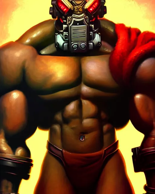 Prompt: doomfist from overwatch, elegant, confident, smug, ripped, buff, strong, colorful, fantasy, fantasy art, character portrait, portrait, close up, highly detailed, intricate detail, amazing detail, sharp focus, vintage fantasy art, vintage sci - fi art, radiant light, caustics, by boris vallejo