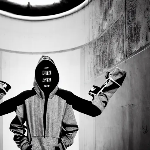 Image similar to fashion photography of an extraterrestrial model, wearing futuristic hip - hop streetwear fashion, inside berghain, berlin fashion, futuristic fashion, photo 3 5 mm leica, hyperdetail, hoodie, 8 k, very detailed, black and white