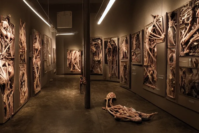 Image similar to inside a museum, a room where anatomical body parts are piece of arts by Rob Bottin at night, filth and grim, very detailed, ultra realistic photography, grainy image