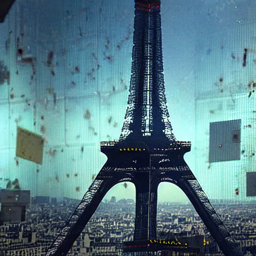 Image similar to A beautiful intricate 8K award-winning ground-level cinematic movie photograph of the future destroyed and decaying Eiffel Tower, surrounded by neon and broken corporate video billboard displays. in the year 2050, by Bruno Delbonnel and greg rutkowski. Arri Alexa 65, IMAX 70mm footage. Dirty billboards. Cinematic lighting