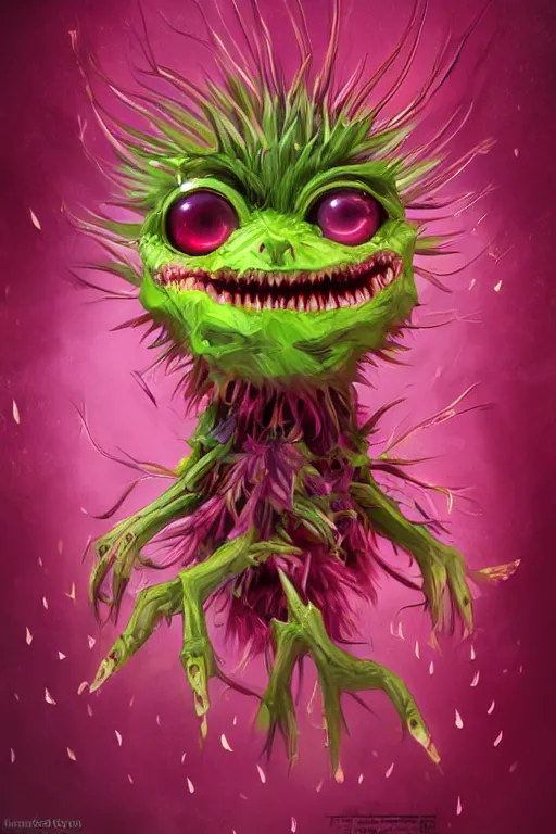 Image similar to a humanoid figure dandelion raspberry monster, large eyes and menacing smile, highly detailed, digital art, sharp focus, trending on art station, anime art style