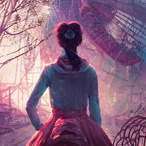 Image similar to a girl in chernobyl disneyland, digital illustration, by android jones and greg rutkowski, retrowave color scheme, detailed, cinematic lighting, wide angle action dynamic portrait