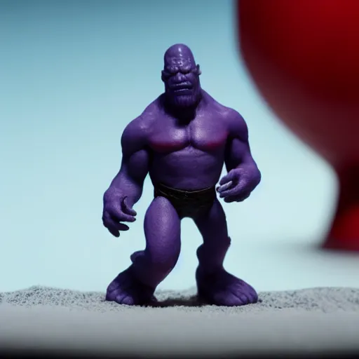 Image similar to a cinematic film still of a claymation stop motion film starring thanos, shallow depth of field, 8 0 mm, f 1. 8