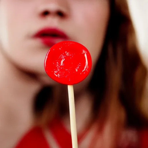 Image similar to Close-up photo of a red lollipop on a woman's open lips, rule of thirds, depth of field, realistic, dimly lit background