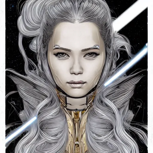 Prompt: gold and silver tones, star wars cybernetic princess, style of moebius, james jean, mcbess, long glowing ethereal hair, cinematic, highly detailed, award winning, 8 k photorealistic