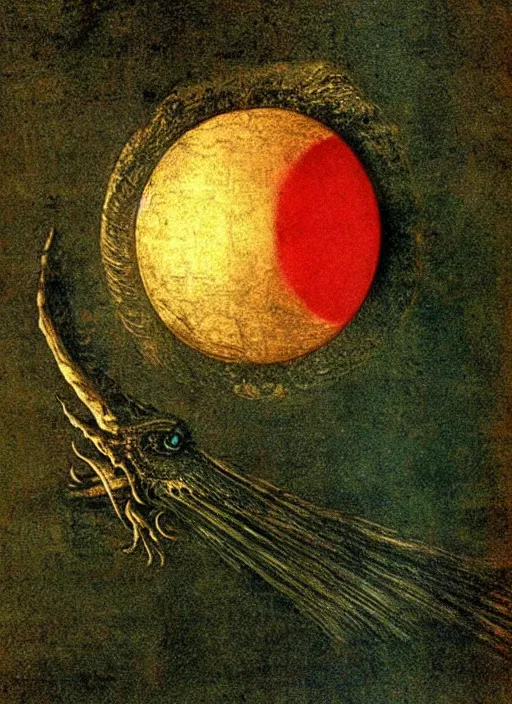 Image similar to color photo of a dragon eye by leonardo davinci