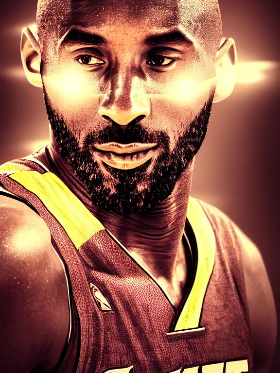 Image similar to portrait art of Kobe Bryant, 8k ultra realistic , lens flare, atmosphere, glow, detailed,intricate, full of colour, cinematic lighting, trending on artstation, 4k, hyperrealistic, focused, extreme details, unreal engine 5, cinematic, masterpiece