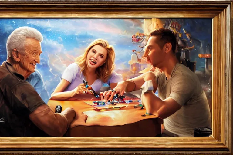 Image similar to portrait of bob barker playing twister with scarlett johansson, an oil painting by ross tran and thomas kincade