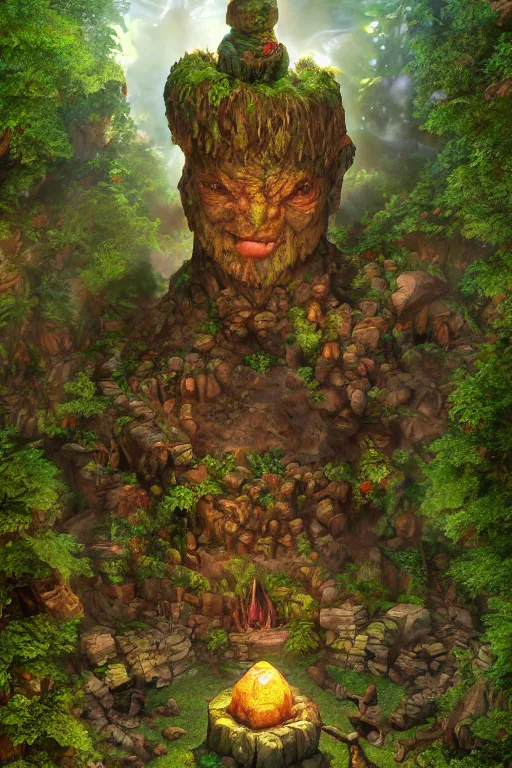 Image similar to zelda fantasy art giant golem elemental wood rock greeble gemstone enchanted forest troll, global illumination ray tracing hdr fanart arstation by sung choi and eric pfeiffer and gabriel garza and casper konefal bastion forged hardmesh lisa frank zbrush central radiating a glowing aura global illumination ray tracing hdr volume light