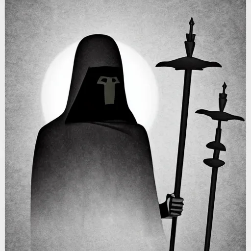 Image similar to a black figure in a grey cloak holding his black spear up to the sky, Digital art