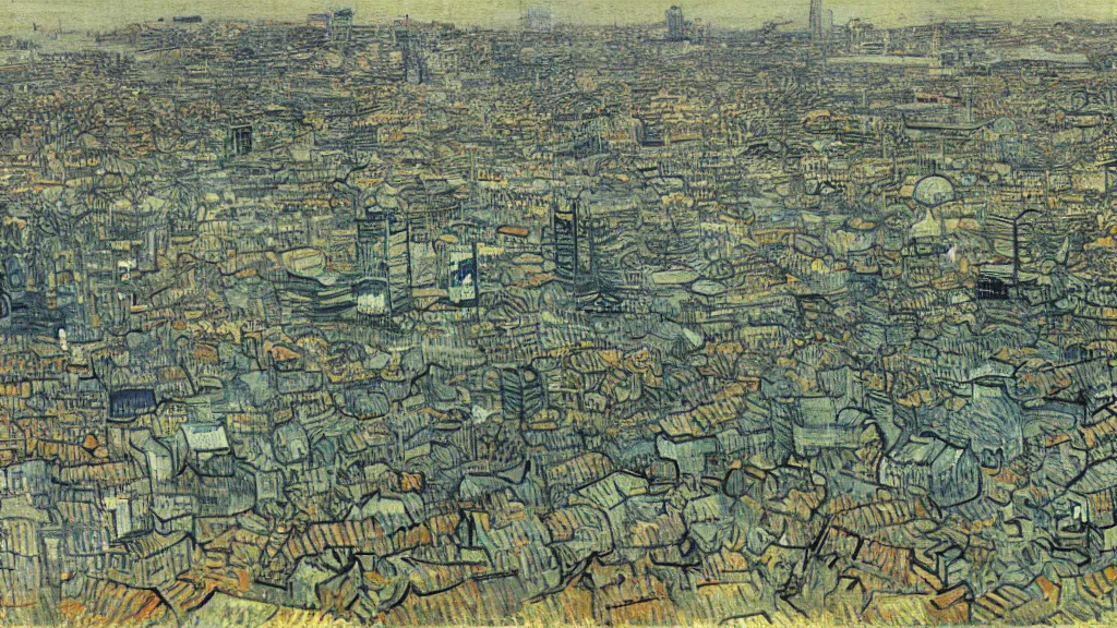 Prompt: futuristic japanese city by vincent van gogh,