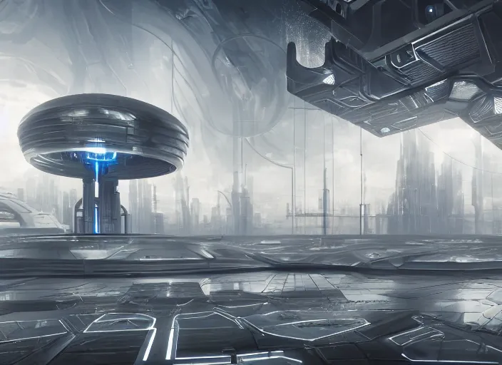 Image similar to cult of technology, exterior of scifi temple, machines, robots, ultra realistic, transparent labs, metallic surface, highly detailed, white, futuristic landscape, city, utopian architecture, atmosphere, masterpiece, portals, epic lighting, glowing wires, mysterious, 4 k, cinematic, art by patryk olkiewicz and chris ostrowski and liang yao