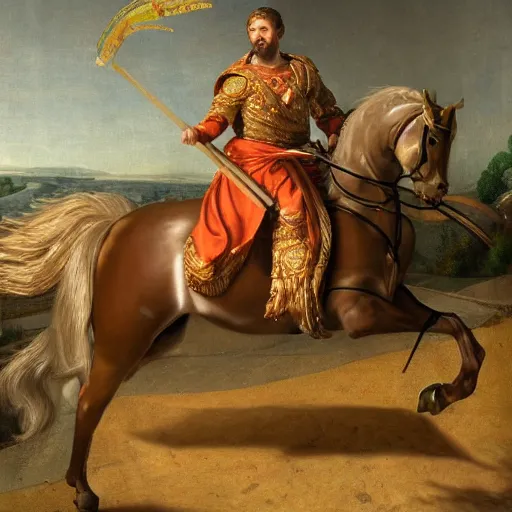 Prompt: roman emperor leonid riding the horse and eating kebab and wearing sleeping suite, a close view, hyperrealistic, 8 k