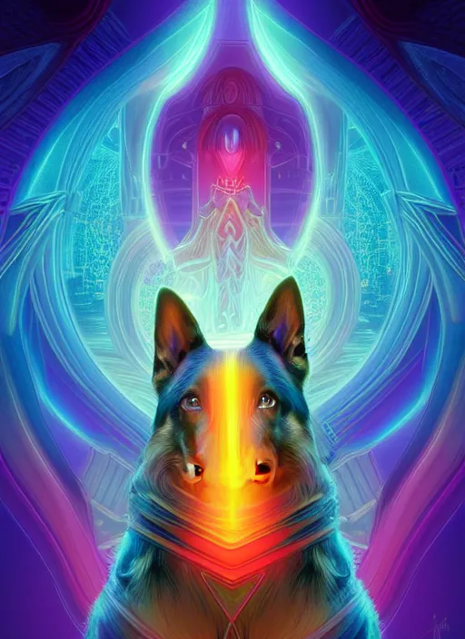 Image similar to symmetry!! product render poster vivid colors divine proportion dog, scifi, glowing fog intricate, elegant, highly detailed, digital painting, artstation, concept art, smooth, sharp focus, illustration, art by artgerm