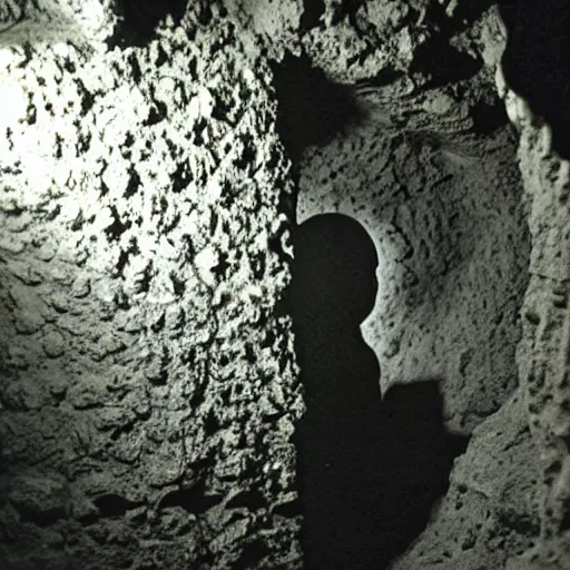 Image similar to photo inside a cavern of a humanoid with lizard skin and a mouth with sharp tooth and black eyes, partially hidden in the shadows