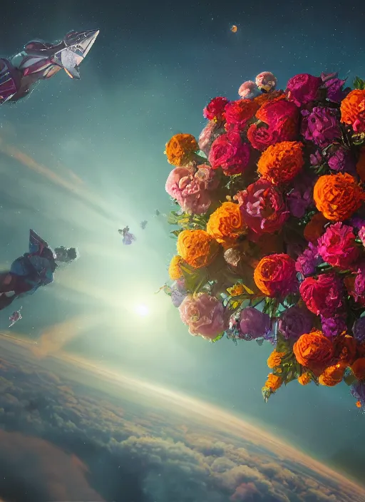 Image similar to An epic fantastic realism comic book style painting of the most beautiful flowers launched into space, bouquets, fisheye lens, unreal 5, DAZ, hyperrealistic, stars in the night sky, octane render, dynamic lighting