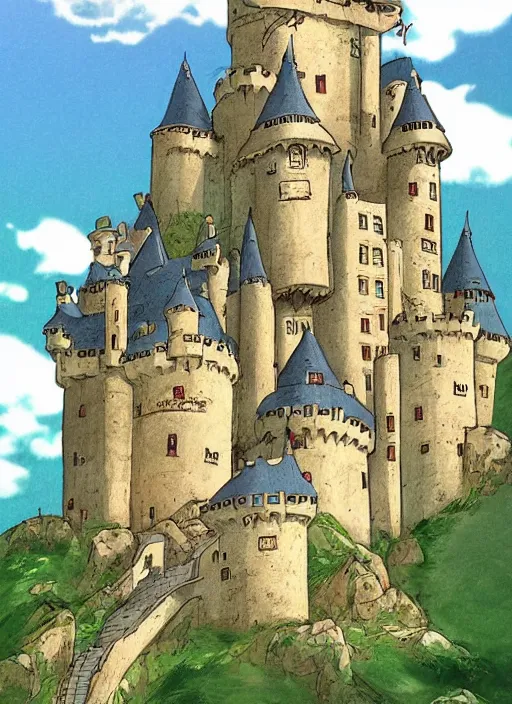 Prompt: cartoon illustration of a castle on top of a hill, concept art by hayao miyazaki, featured on pixiv, fantasy art, concept art, official art, anime aesthetic