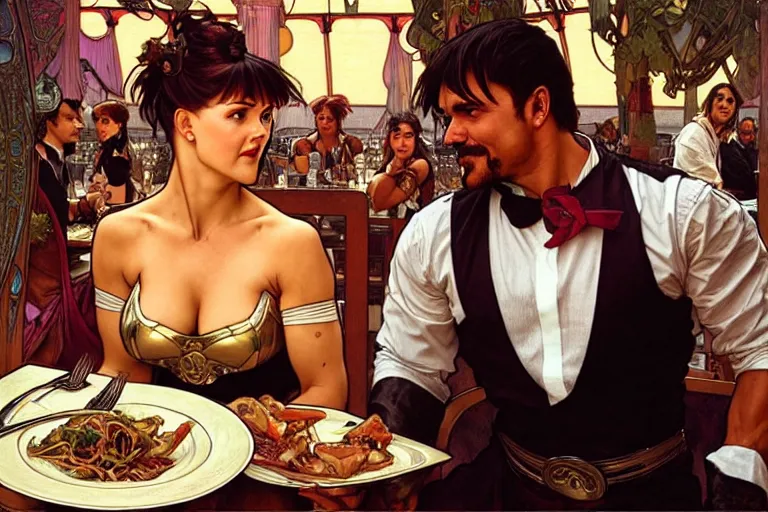 Image similar to xena warrior princess eating at a restaurant, with a hispanic man in a suit as her companion, art by artgerm and greg rutkowski and alphonse mucha