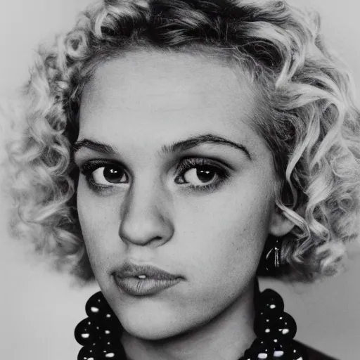 Image similar to symmetrical human portrait of lisa simpson with blonde curly hair, grainy high contrast black and white photography photo print ilford warm tone, she is wearing a delicate pearl necklace