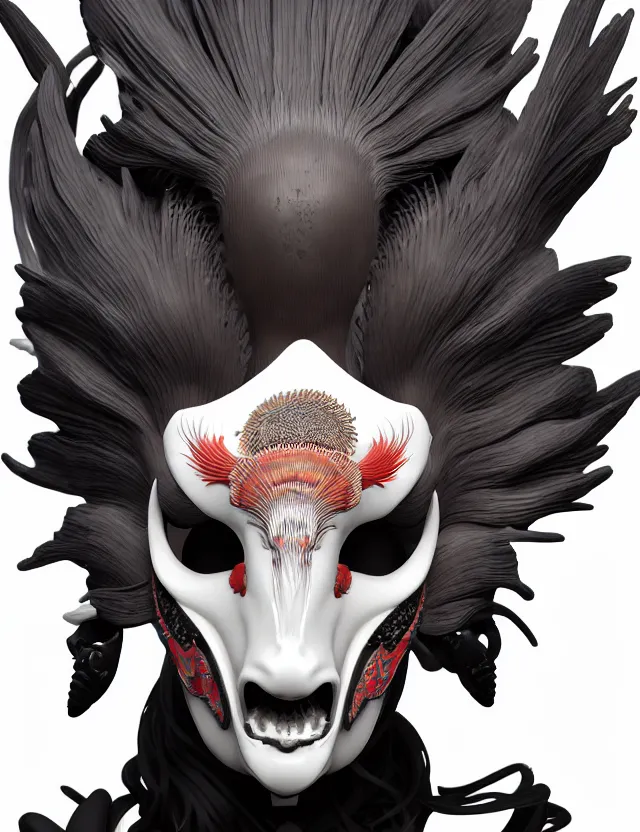 Image similar to 3 d goddess close - up profile simple portrait punk with mohawk with goat skull. beautiful intricately detailed japanese crow kitsune mask and clasical japanese kimono. betta fish, jellyfish phoenix, bio luminescent, plasma, ice, water, wind, creature, artwork by tooth wu and wlop and beeple and greg rutkowski