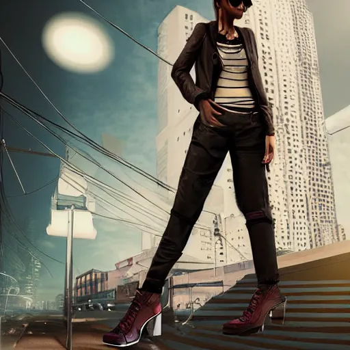 Image similar to a fashion model, creative, brown skin, digital art, photo manipulation, artstation, standing, cyberpunk, giant, street, duck shoes, up there, photoshop