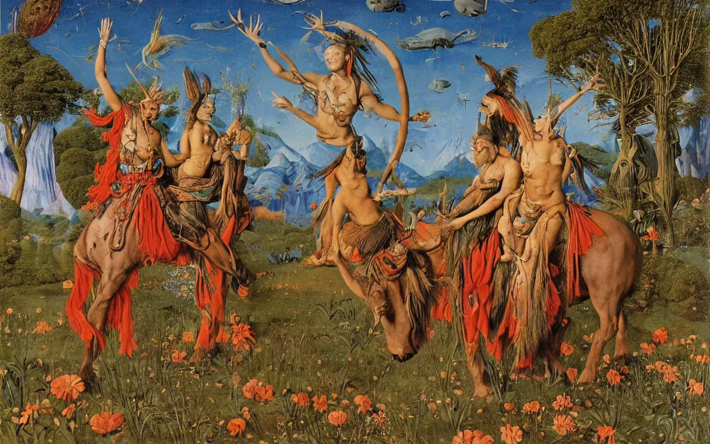 Prompt: a portrait photograph of a meditating shaman and a centaur monk riding a harpy and hunting at a river delta. surrounded by bulbous flowers and trees. mountain range under a blue sky of fiery stars. by jan van eyck, max ernst, ernst haeckel, ernst fuchs and artgerm, cgsociety, fashion editorial, 8 k