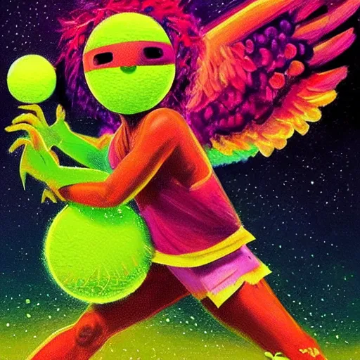 Prompt: a tennis ball monster with angel halo and wings,tennis ball,colorful, digital art, fantasy, magic, trending on artstation, ultra detailed, professional illustration by Basil Gogos